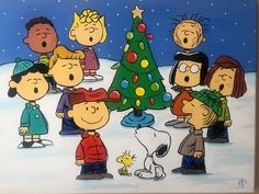 a group of cartoon characters standing around a christmas tree in front of a snow covered ground