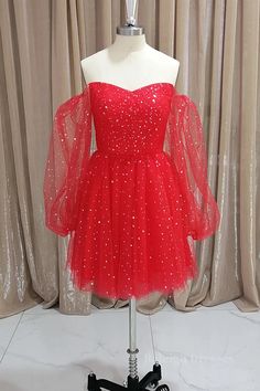 Short Red Long Sleeves Tulle Prom Dresses Prom Dresses Short Red, Dresses Short Red, Tulle Prom Dress Short, Prom Dress Red, Long Puffy Sleeves, Tulle Prom Dresses, Tulle Homecoming Dress, Red Homecoming Dresses, Color Rush