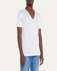 Zimmerli Tshirt features a deep Vneckline    Approx. 29.72"L from shoulder to hem    Short sleeves; approx. 8.7"L    Pullover style    Straight hem    Classic fit    Cotton    Made in Switzerland Classic V-neck T-shirt For Spring, Classic V-neck T-shirt In Relaxed Fit, Classic V-neck T-shirt With Relaxed Fit, Deep V Neck, Deep V, Pullover Styling, Switzerland, V Neck T Shirt, Tops Designs