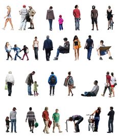 a group of people standing next to each other on a white background in different poses