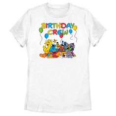 We can tell you how to get to Sesame Street and look good doing it, with these adorable designs for the whole family from the iconic, long-running children's series Sesame Street! Step onto Sesame Street with this officially licensed Women's Birthday Crew Graphic T-Shirt featuring Big Bird, Little Bird, Cookie Monster, Bert and Ernie, Grover, Oscar the Grouch, Count von Count, Zoe, Elmo, Barkley, and Abby Cadabby with multicolored balloons and the phrase: "Birthday Crew" across the top. Bring jo Sesame Street Shirt Ideas, Count Von Count, Street Apparel, Bert And Ernie, Abby Cadabby, Trending Graphic Tees, Sesame Street Birthday Party, Oscar The Grouch, Sesame Street Birthday