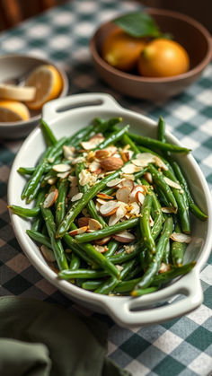 green beans and almonds in a white bowl on a checkered table cloth next to bowls of oranges