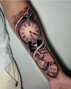 a man with a clock tattoo on his arm