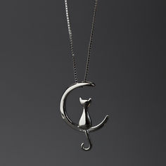 Shop witchy vibes in the Halloween Collection now! All pieces in quality, affordable sterling silver. Cat And Moon, Sterling Silver Cat, Moon Pendant Necklace, Silver Cat, Witchy Vibes