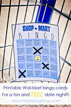 a shopping cart with a printable wal - mart bingo card attached to it