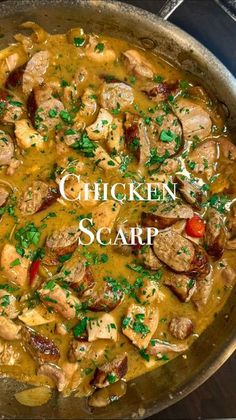 chicken and scamp stew in a pan with the words chicken and scamp above it