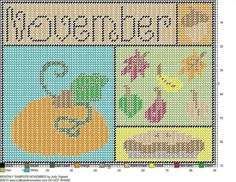 a cross stitch pattern with the words november written on it and pictures of pumpkins