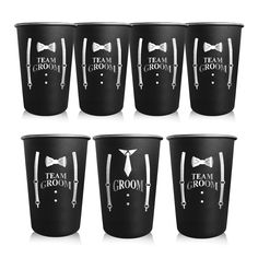 six black cups with white bow ties and the words team groom written on each cup