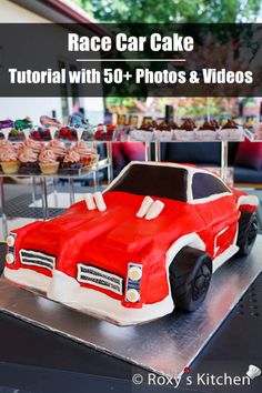 Race Car Cake, Car Cake Tutorial, Vanilla Sheet Cakes, Simple Sugar Syrup, Race Car Cakes, Car Birthday Theme, Cream Cheese Buttercream, Cake Boards, Cars Theme Birthday Party