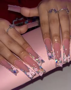 Long Nail Designs Bling, Pink Rhinestone Acrylic Nails, Long Pink Nails With Rhinestones, Long Bling Nails, Blinged Out Pink Acrylic Nails, Pink Bling Nails Rhinestones, Boujee Nails Acrylic Long, Long Nails With Gems, Long Pink Acrylic Nails With Diamonds