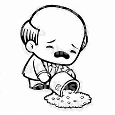 a black and white drawing of a baby playing with sand