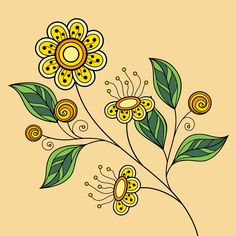 a drawing of flowers with green leaves and swirls on the stems in yellow background