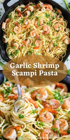 garlic shrimp scampp pasta in a skillet