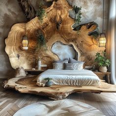 a bed made out of wood with plants on the headboard and lamps above it