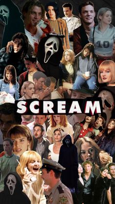 the scream movie poster is shown with many different people in it and one person wearing a mask