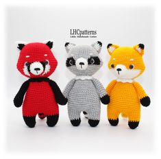 three crocheted stuffed animals sitting next to each other on a white background with the caption lilo patterns