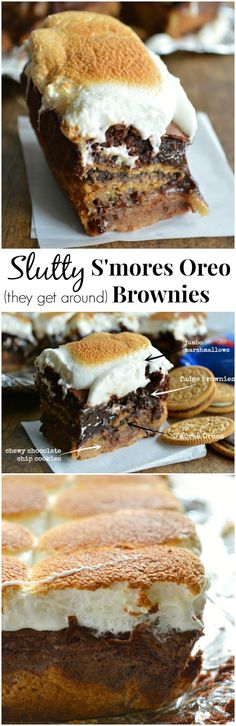 there are several different types of desserts on the table with text overlay that says sleety s'mores oreo brownies they get crumbs and cookies