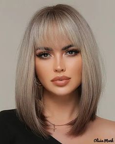 Olivia Mark – Peluca Bob Sintética Ombre con Longitud Media y Flequillo Barrido de Lado Lob With Feathered Bangs, Straight Bob With Bangs, Ombre Bob Wig, Bob Lung, Curtain Bangs Hairstyles, Sleek Short Hair, Ombre Bob, Swept Bangs, Guest Hair