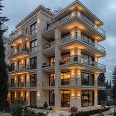 an apartment building with many balconies lit up at night