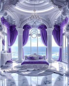 a luxurious bedroom with purple drapes and chandelier on the windowsills