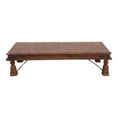 an old wooden coffee table with two legs and a square top, sitting on a white background