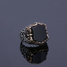 Men's onyx gemstone signet ring which will give you a head turning presence. This mystic, vintage style, engraved ring has a unique design for the polished, refined, and distinguished man. Perfect for casual and formal events, it will make your friends envious as you walk into the room full of confidence and pride. Looking for a unique, one of a kind GIFT FOR HIM, groomsman gift, father's day gift, teacher day gift? Look no further. This cool gemstone ring is the right answer and best gift for a Mens Ruby Ring, Mens Turquoise Rings, Brutalist Jewelry, Onyx Ring Men, Goth Bands, Teacher Day, Groomsman Gift, Teachers Day Gifts, Engraved Ring