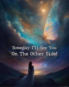 a woman standing in front of a butterfly with the words, somebody i'll see you on the other side