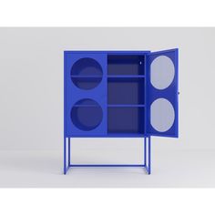 a blue cabinet with two white circles on it