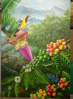 a painting of birds and flowers in the jungle