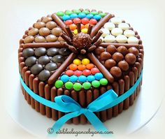 a chocolate cake decorated with candy and candies