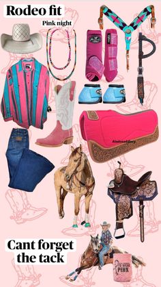 a pink poster with many different items on it's back and the words rodeo fit