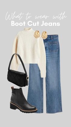 Winter Outfits2023 Women, Winter Outfits With Bootcut Jeans, Fall Outfits Women Bootcut Jeans, Jeans And A Nice Top Night Out Winter, Fall Boot Cut Jeans, Winter Jean Outfits, Bootcut Jeans Sweater Outfit, Jeans And Boots Outfit Winter, Casual Winter Dinner Outfit