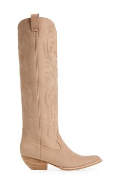 Tonal topstitching underscores the Western style of this knee-high leather boot finished with a tapered block heel and top pull-tabs for an easy-on fit. 2" heel (size 8.5) 17" shaft; 16" calf circumference Pull-on style Leather upper/leather and textile lining/synthetic sole Imported Leather Knee-high Boots With Snip Toe For Spring, Western Style Fitted Knee-high Boots For Work, Spring Leather Knee-high Boots, Knee-high Calf Leather Boots For Spring, Knee High Leather Boots, Leather Boot, Jeffrey Campbell, Western Style, Knee High Boots