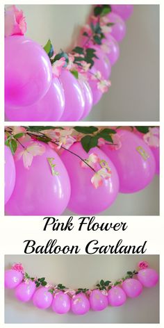 pink flower balloon garland with flowers and leaves on the bottom, along with balloons in the middle