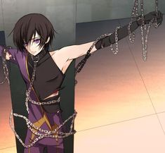 an anime character is chained up to chains and holding his arm out with both hands