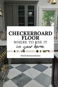 diagonal checkerboard floor in a kitchen Checkerboard Floor Kitchen, Bold Backsplash, Farmhouse Kitchen Flooring, European Kitchens, Modern Farmhouse Kitchen