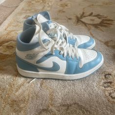 Good Condition, Worn A Couple Times. There Is A Mark Under One Of The Check Marks That Could Be Removed With A Magic Eraser. Nike Shoes Blue, Magic Eraser, Shoes Blue, White Nike, Nike Jordan, White Nikes, Womens Shoes Sneakers, Nike Shoes, Nike Women