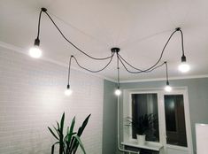 some lights are hanging from the ceiling in a room with white brick walls and green plants