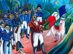 an image of a painting with people and animals in the foreground, one man holding a flag