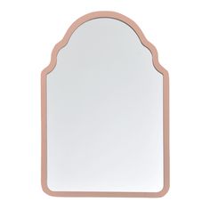 a mirror that is sitting on top of a white surface with a pink border around it