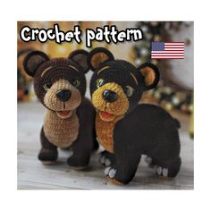 two crocheted teddy bears standing next to each other with an american flag in the background