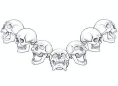 five skulls with different facial expressions are shown in this drawing, and each skull has its own individual face