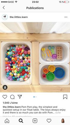 two plastic containers filled with different types of playdoughs and other toys on top of a wooden table