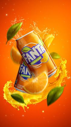 an orange juice can surrounded by leaves and splashing water on an orange colored background