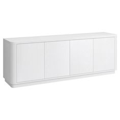 a white cabinet with three doors and two drawers on one side, against a white background