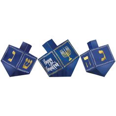 three blue and gold hanukkah decorations