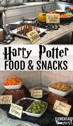 harry potter food and snacks are on display in the kitchen with words that read harry potter food and snacks