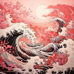 the painting is very colorful and has waves in red, white and black colors on it