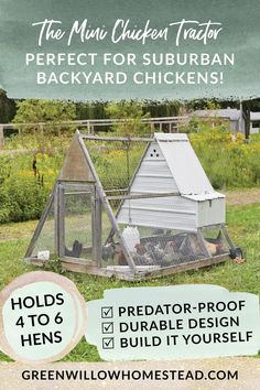 a chicken coop with the words perfect for suburban backyard chickens on it, and an image of