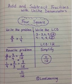 a piece of paper with some writing on it that says, add and subtract fraction